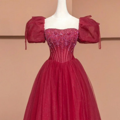 Burgundy Tulle Beaded Long Prom Dress, A-Line Short Sleeve Evening Dress main image 0