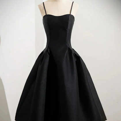 Black Satin Spaghetti Strap Prom Dress with Beaded V-Neck and Lace-Up Back main image 0