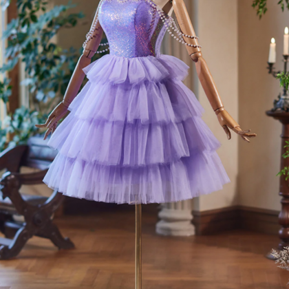 Lavender Lace Feather Short Homecoming Dress main image 1