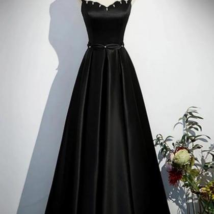 Black A-Line Straps Beaded Floor Length Party Dress, Black Satin Long Evening Prom Dress