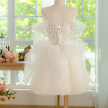 Ivory Tulle with Lace Short Sleeves Sweet 16 Dress, Ivory Tulle Ball Gown Layers Formal Dress