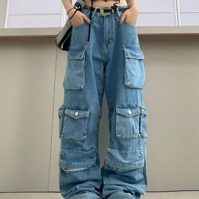 Multi-Pocket Blue Washed Cargo Pants Y2k Retro High Street Fashion High Waist Jeans Couple Harajuku Simple Casual Wide Leg Pants