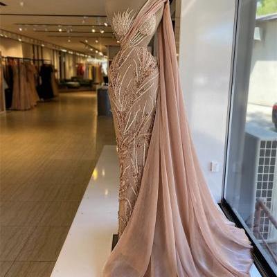 Gorgeous Pink Mermaid Prom Dresses Off Shoulder Lace Applique Sleeveless Evening Dress Custom Made Floor Length Beads Party Gown