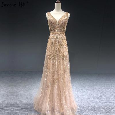 Dubai Gold A-Line Luxury Evening Dresses V-Neck Pearls Crystal Sleeveless Fromal Gown