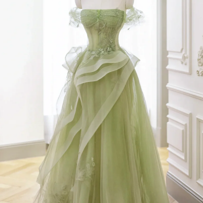 Green Tulle Lace Long Prom Dress with Corset, Green Formal Party Dress 