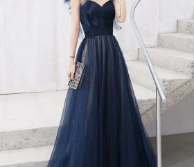 Sweetheart Navy Blue Tulle Long Prom Dress VK23102307
