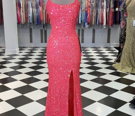 Niulatu Sheath Spaghetti Straps Slim Fit Red Long Prom Dress Sequin Evening Dresses HZ1110 main image 1