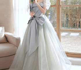 Cute Gray Green Tulle Long Prom Dress P2208 main image 1
