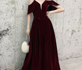 Obsessed Mermaid Burgundy Off The Shoulder Velvet Lace Slit Long Prom Dress, Evening Dress