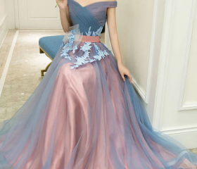 Long Sleeves A Line Tulle Off the Shoulder Prom Dresses LBQ1163 main image 1
