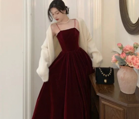 One Shoulder Spaghetti Straps Sheath Velvet Dress Burgundy