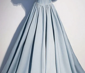 Light Blue Satin Long Prom Dress,A-Line Short Sleeve Evening Dresses