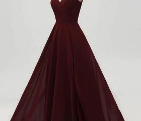 A Line Burgundy Chiffon Open Back Beaded Prom Dresses LBQ2721 main image 1