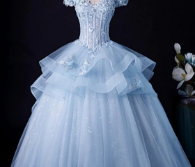 Lustrous Off-the-Shoulder Blue Ball Gown Satin 3D Floral Sweet 16 Dresses C8287