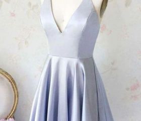 Blue V Neck Layered Satin A Line Homecoming Dress Mini Party Dress  cc1571