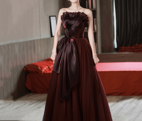 Burgundy Shiny Tulle Long Prom Dress, Beautiful Strapless Evening Party Dress main image 0