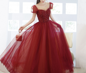 Cicinia Burgundy Prom Dresses Sequins Tulle Ankle Length Off The Shoulder Evening Dresses