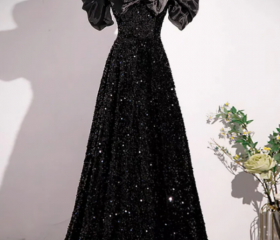 14497 Black Cold Shoulder Sequined Velvet Dress