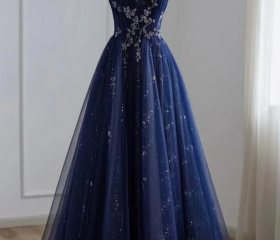 Navy Blue Shiny Tulle A-line Round Neckline Long Party Dress, Blue Prom Dresses main image 1