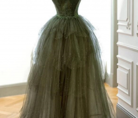 Long Tulle Dress with Beaded Straps Dark Green Plus Size