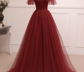 Burgundy A-line Beading Long Prom Dress, Burgundy Tulle Formal Dress Y5849 main image 1