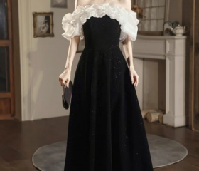 Solid Color A Line Off the Shoulder Long Sleeve Velvet Floor-Length Prom Dress