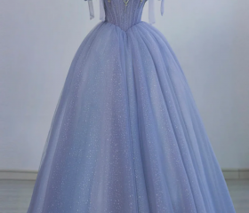 Beautiful Blue Short Sleeves A-line Beaded Tulle Party Dress Prom Dresses, Blue Evening Dresses