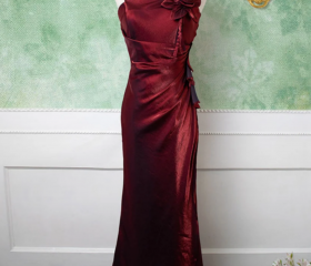 Wine Red Strapless A-Line Satin Long Prom Dress Vintage Evening Dresses, DP5207