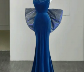 Blue Velvet Mermaid Straps Low Back Party Dress with Bow, Blue Long Evening Dress