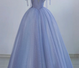 Blue Tulle Floor-length Embroidery A Line Prom Dress With Pockets