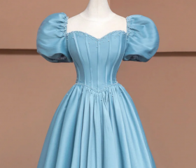 Unique Blue Strapless Satin A Line Prom Evening Dress Y8072
