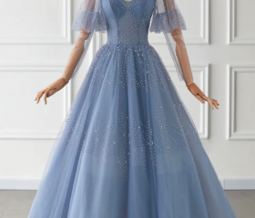 Blue Beaded Straps A-line Tulle New Evening Prom Dress Party Dress, Blue Floor Length Party Dress main image 0