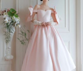 Niulatu Ball Gown Off The Shoulder Pink Satin Lace Long Prom Dress HZ1110