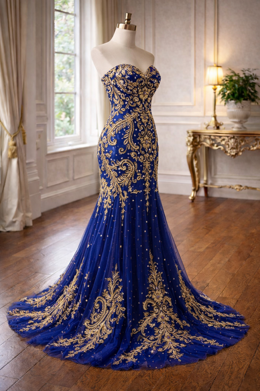 blue and gold wedding dress Royal Strapless Corset Mermaid Gown With Embroidery Cathedral Train on Luulla to maintain the form Royal Blue And Gold Lace