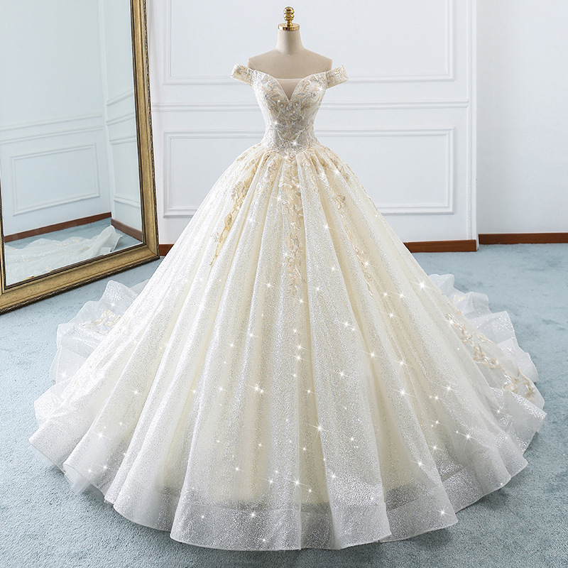Custom Made Champagne Off The Shoulder Long Wedding Dress Tulle Bridal Dress Kpw0070