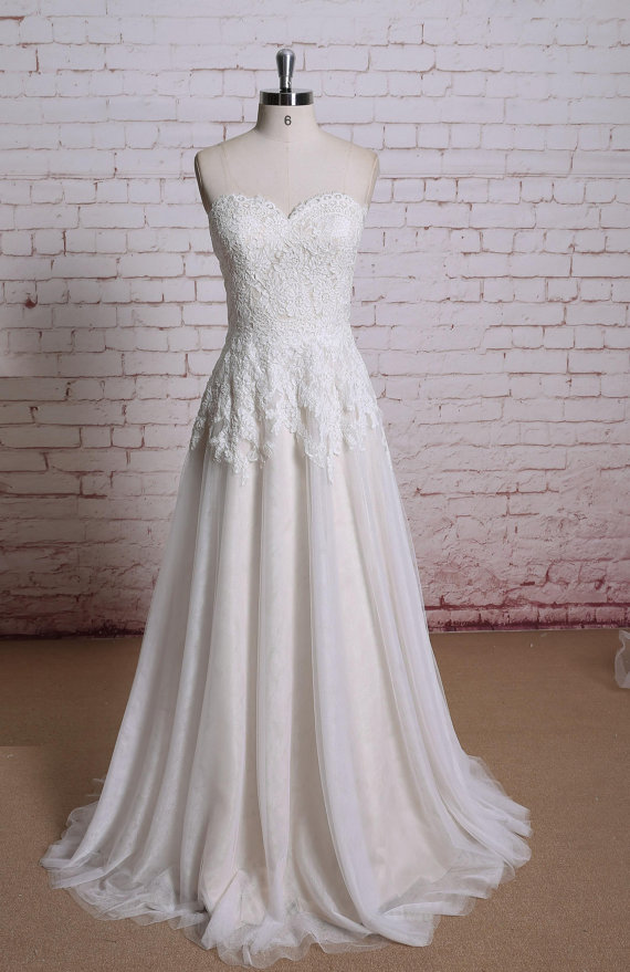 Champagne Lace Wedding dress, Bridal gown, Wedding gown, A-line wedding dress KPW0074