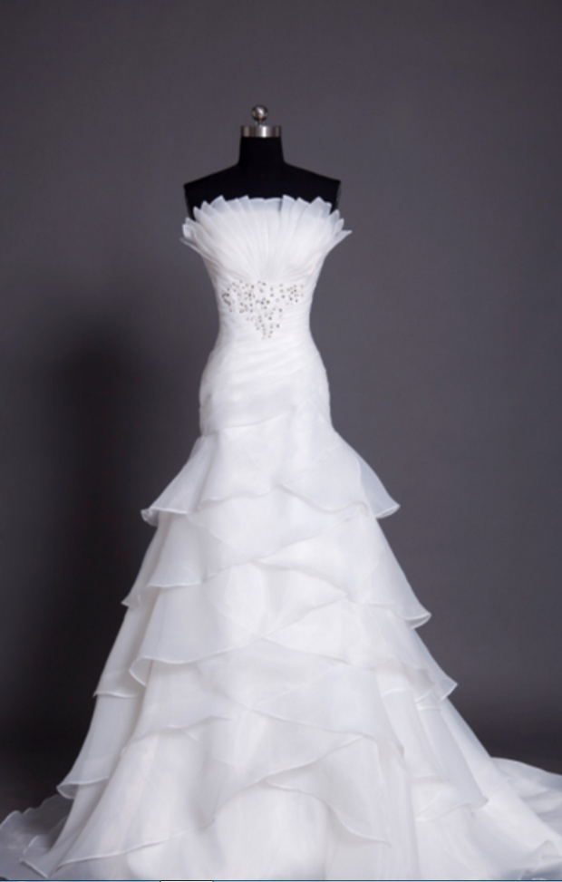 Strapless Ruched Beaded White Organza Mermaid Wedding Dress With Tiered Ruffle Skirt Kpw0076