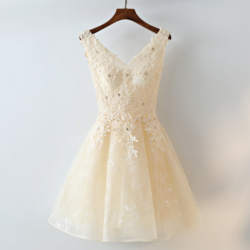 Adorable Champagne Short Lace V-neckline Homecoming Dress, Short Prom Dress Kpp0437