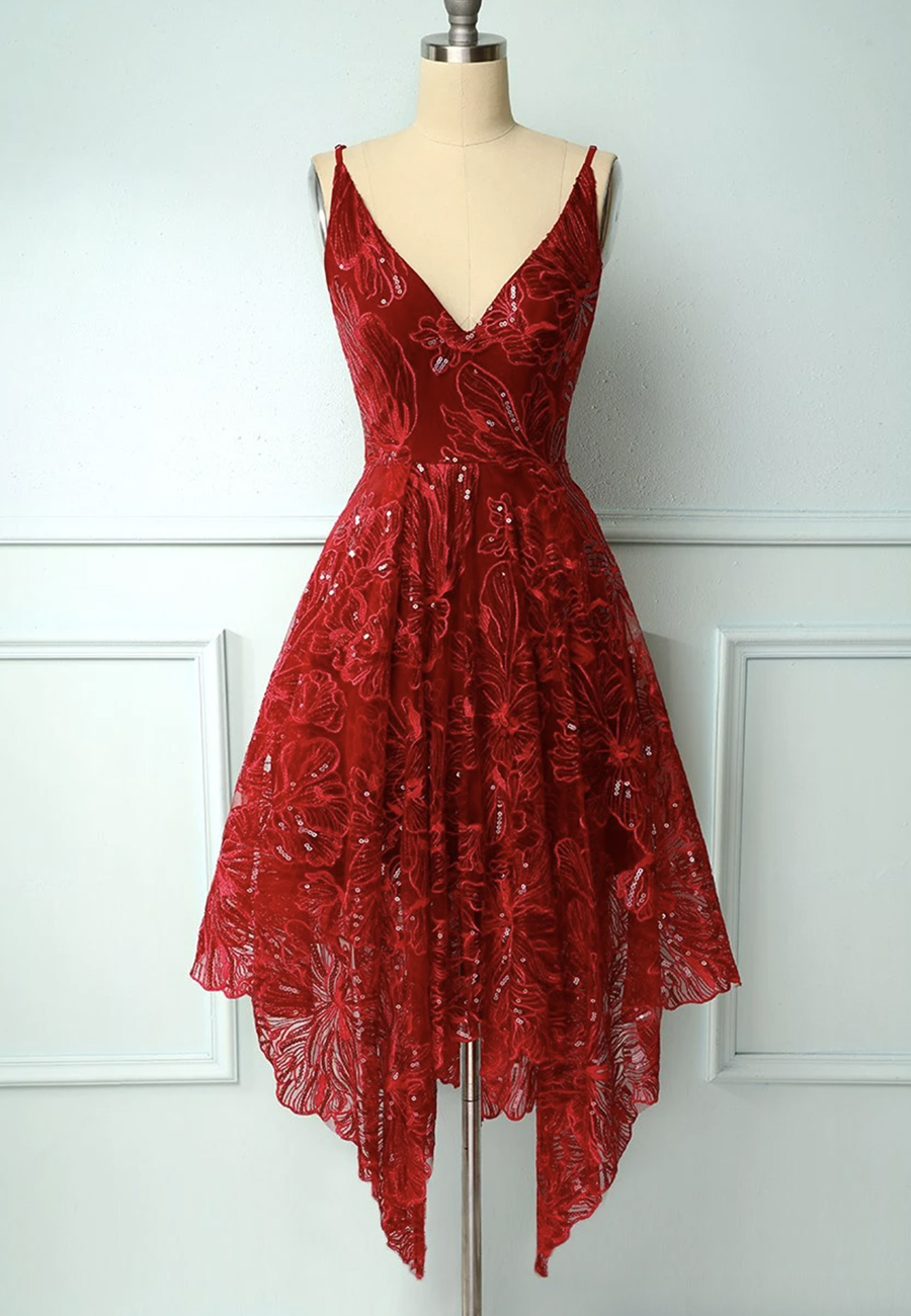 Burgundy V Neck Sequins High Low Prom Dress Evening Dress Kpp0441
