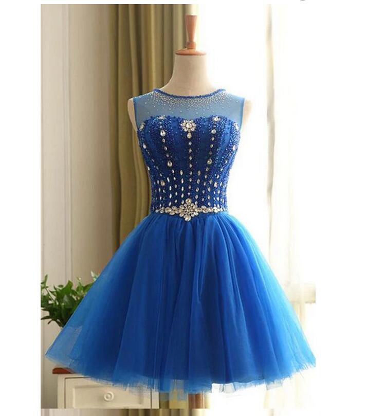 Short Royal Blue Homecoming Dress With Beaded Sequins Top Ball Gown Kpp0445