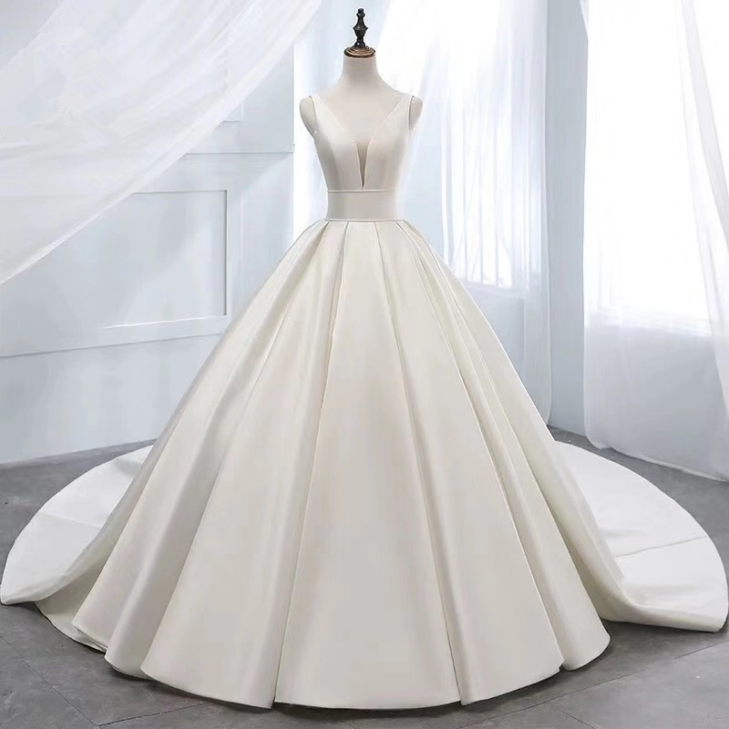 Women Wedding Shoulder V-neck Satin Simple Trailing Hepburn Bride Wedding Dress Kpp0447