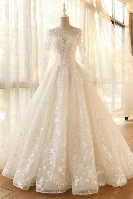 Fabulous Mesh Neckline Long Sleeves A-line Wedding Dress With Lace Appliques Flowers Long Sleeves Kpw0072