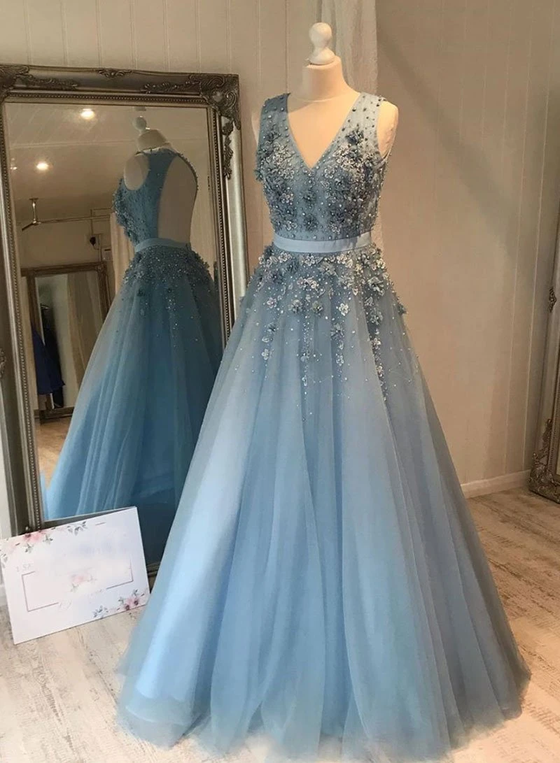 Kateprom Silver Blue Tulle Lace Long Prom Dress Evening Dress Kpp0479