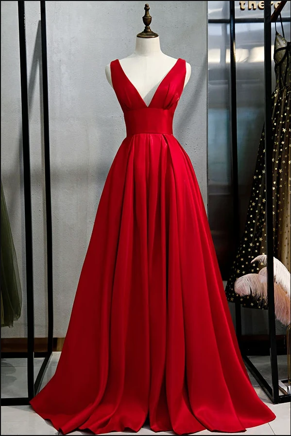 Kateprom Red V Neck Satin Long Prom Dress Simple Red Evening Dress Kpp0489