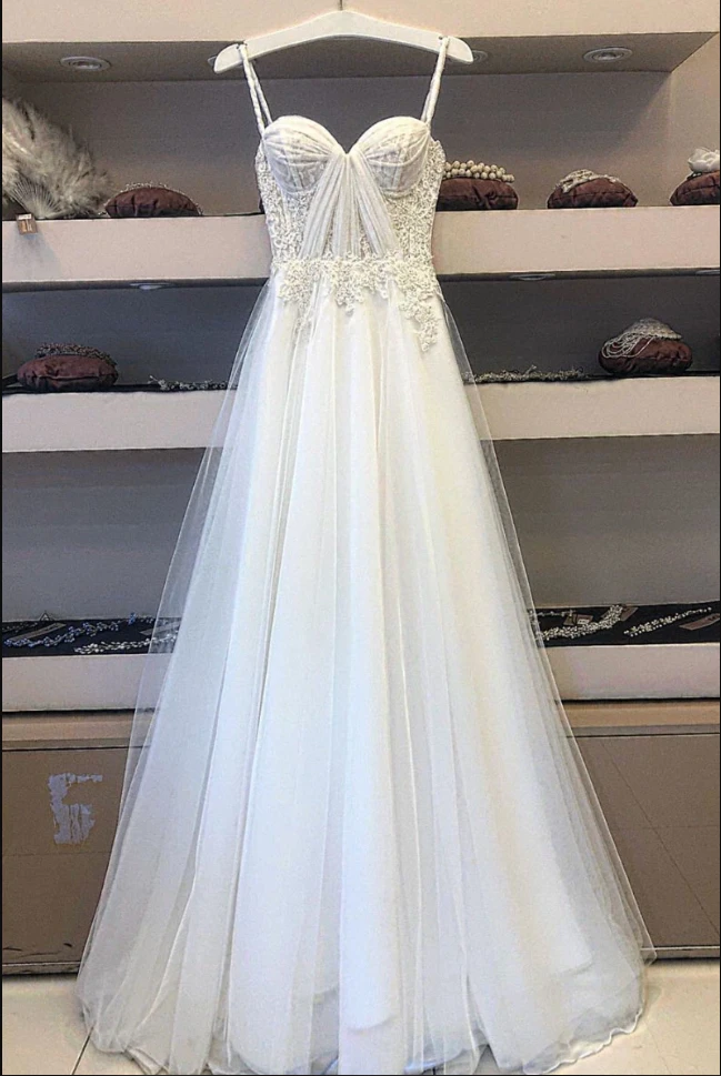 Kateprom White Sweetheart Tulle Lace Long Prom Dress White Lace Evening Dress Kpp0493