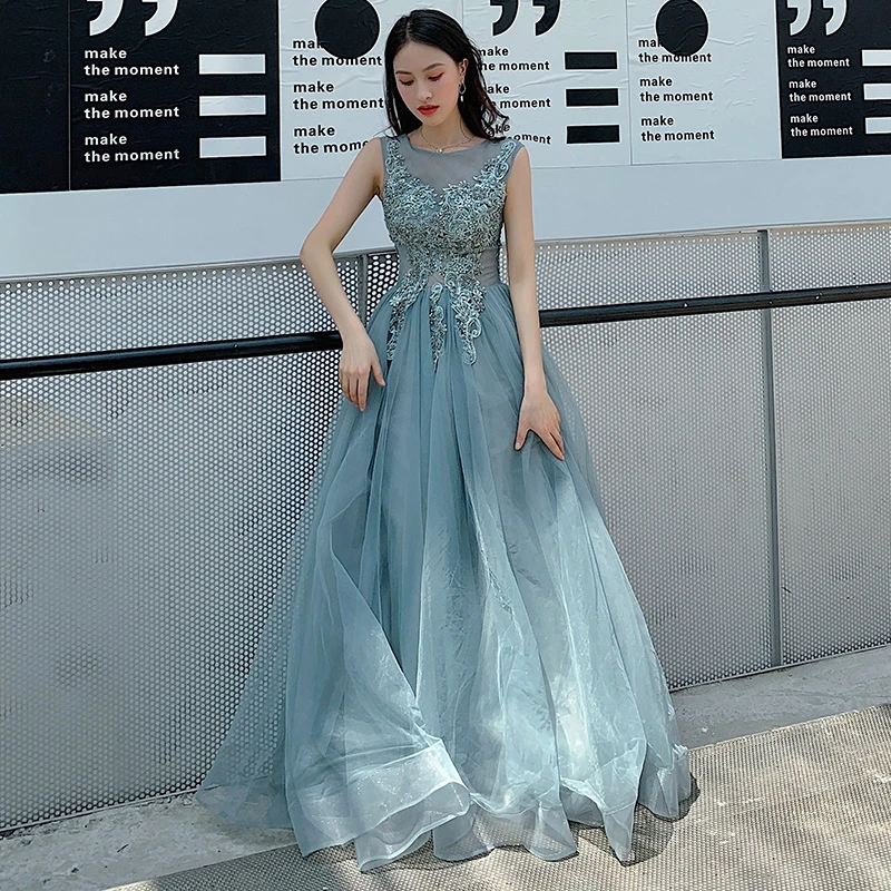 Kateprom Blue Tulle Lace Long Prom Dress, Evening Dress Kpp0496