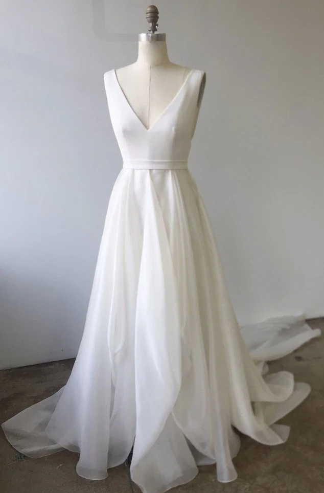 Kateprom Simple White V Neck Tulle Long Prom Dress, White Evening Dress Kpp0499