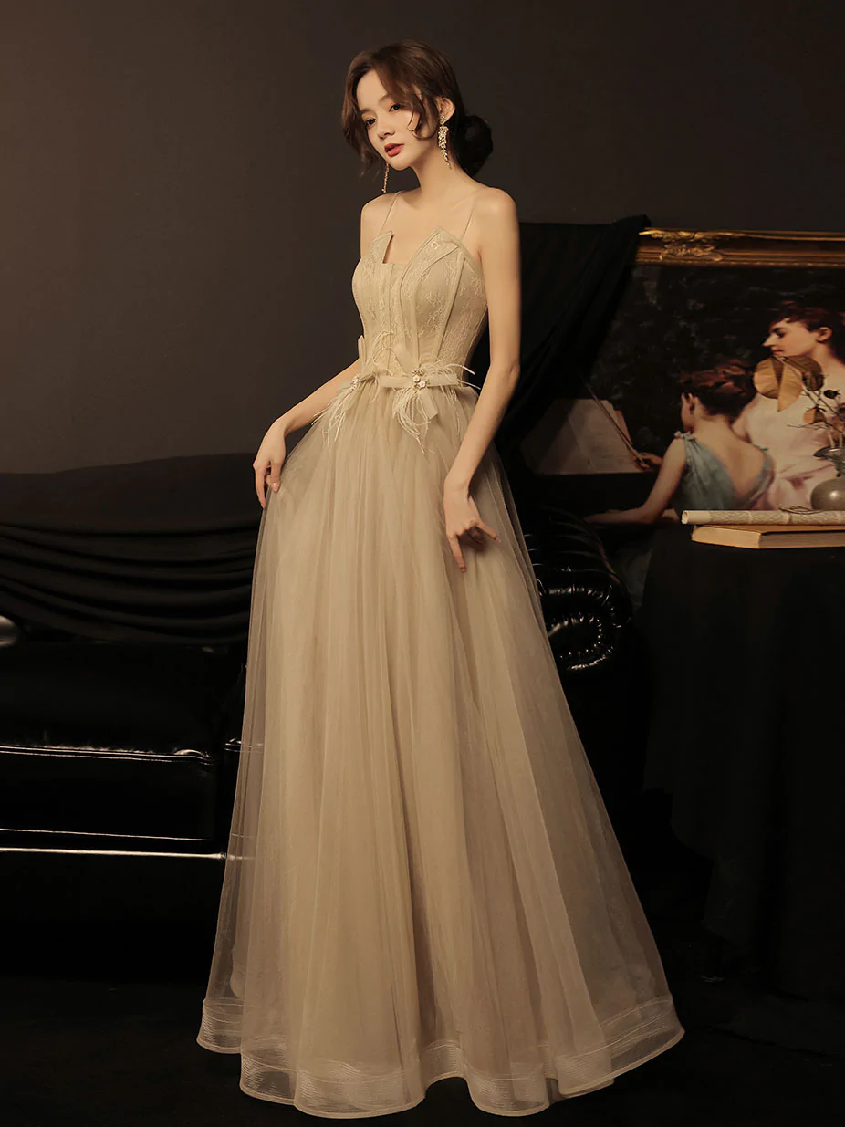 Kateprom A Line Champagne Long Prom Dress Lace Long Formal Dress Kpp0505