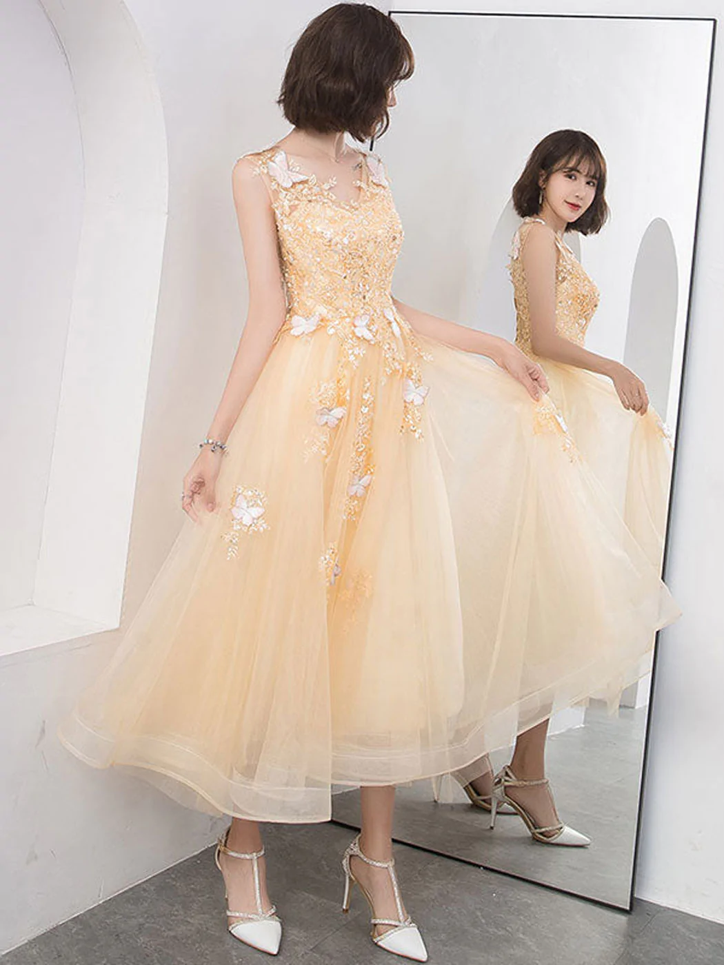 Kateprom Cute V Neck Tulle Lace Tea Length Prom Dress, Champagne Lace Evening Dress Kpp0507