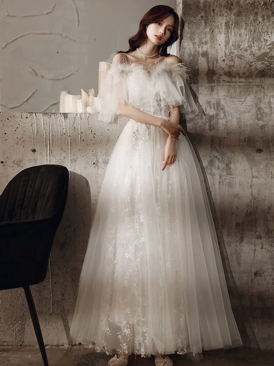 Kateprom Ivory Sweetheart Neck Tulle Lace Long Prom Dress, Tulle Formal Party Dress Kpp0509